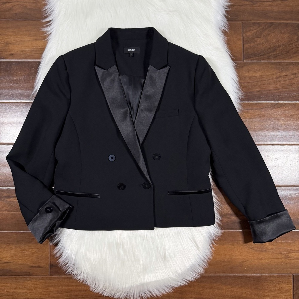ME+EM Women's Size 14 Black Crepe Satin Double Breasted Blazer Jacket Cuffed